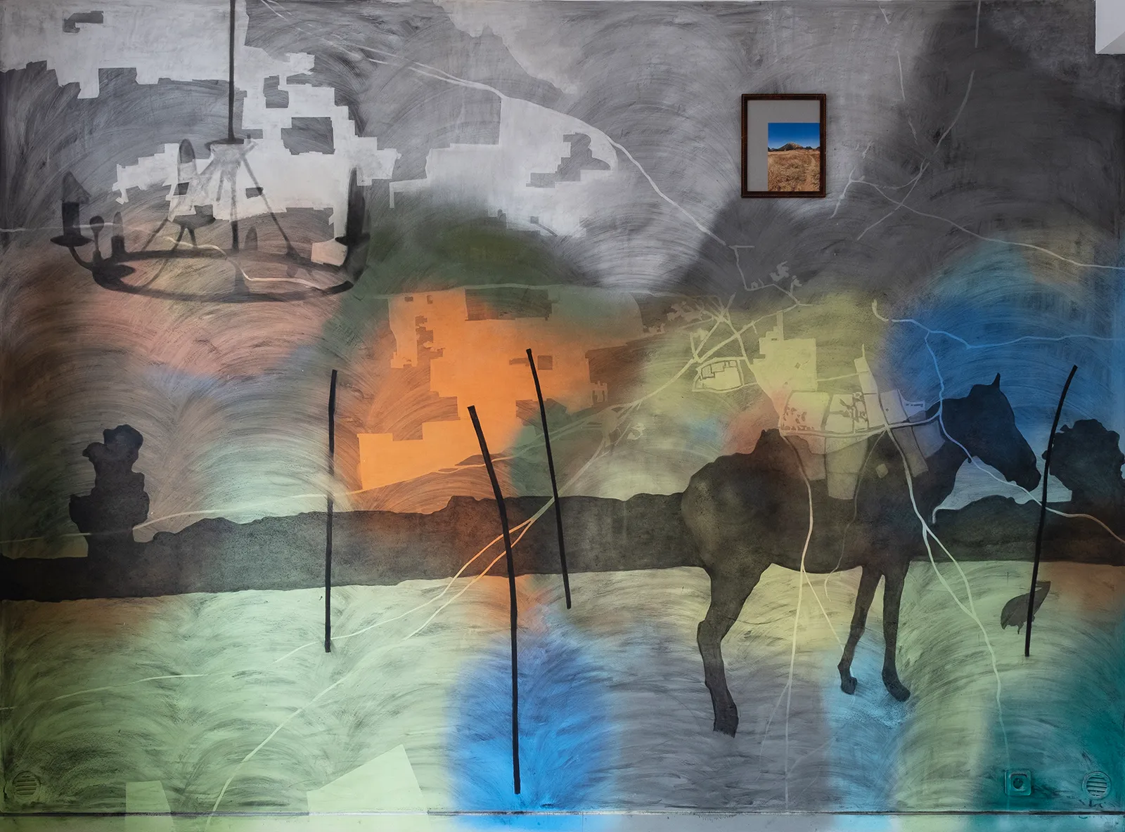 Large mural from the Reconnecting series, combining abstract landscapes, architectural fragments, animal silhouettes, coloured fields, and a small framed photographic insert.
