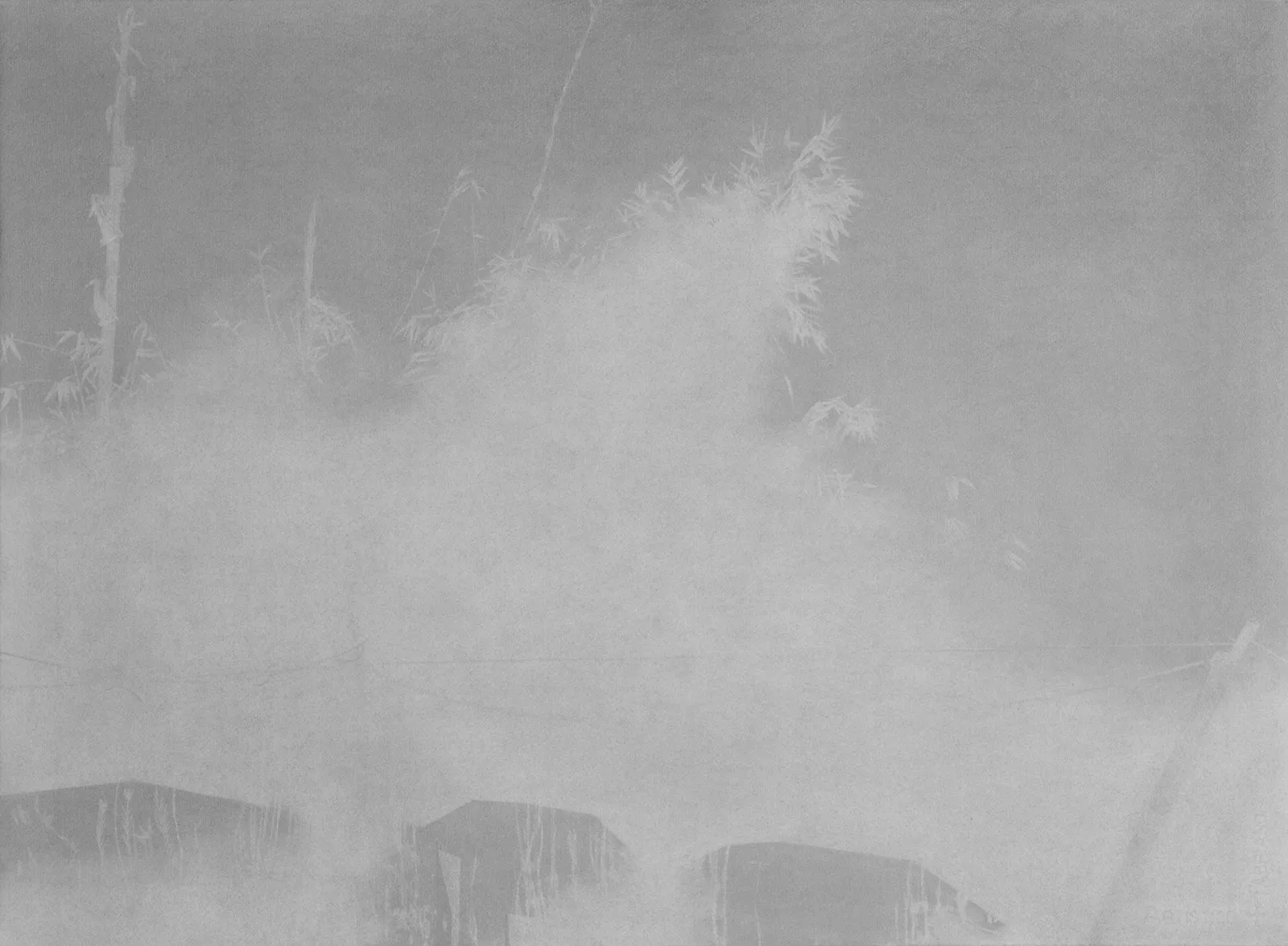 Graphite drawing of village rooftops and vegetation partly obscured by a mist-like erased surface.