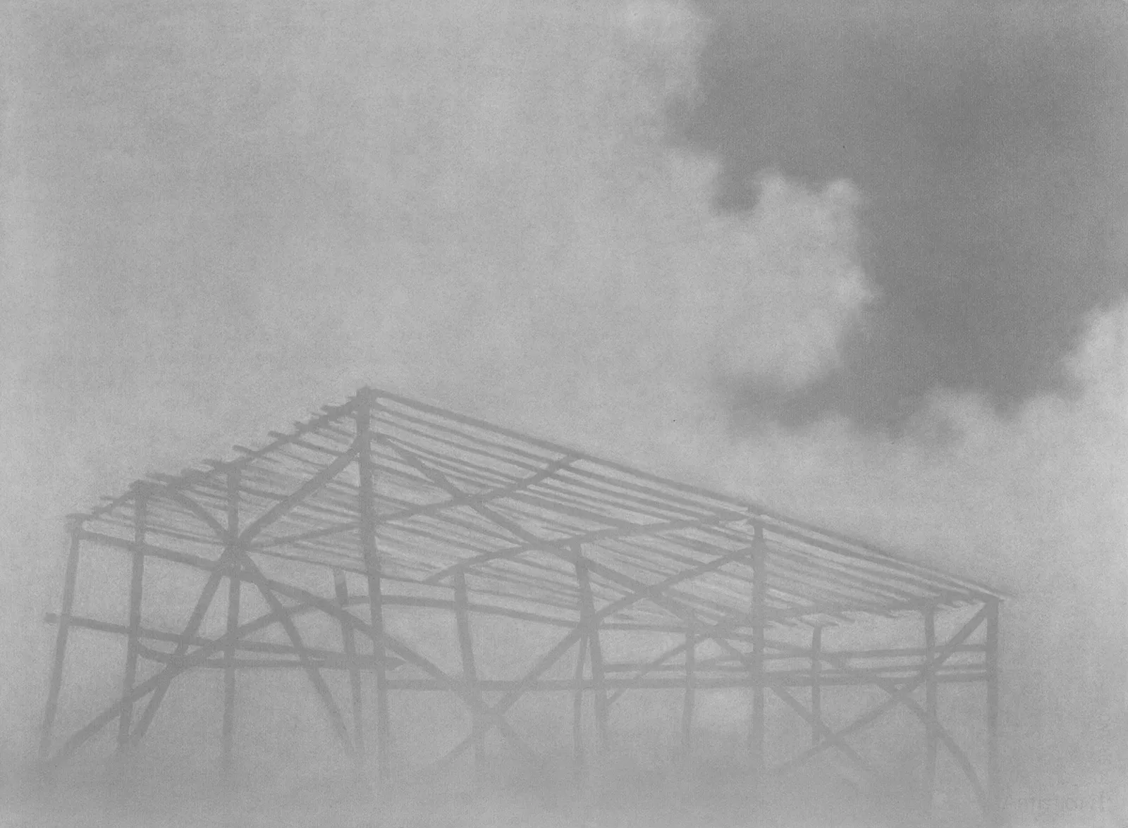 Graphite drawing of a skeletal roof structure emerging through a pale, cloud-like veil.