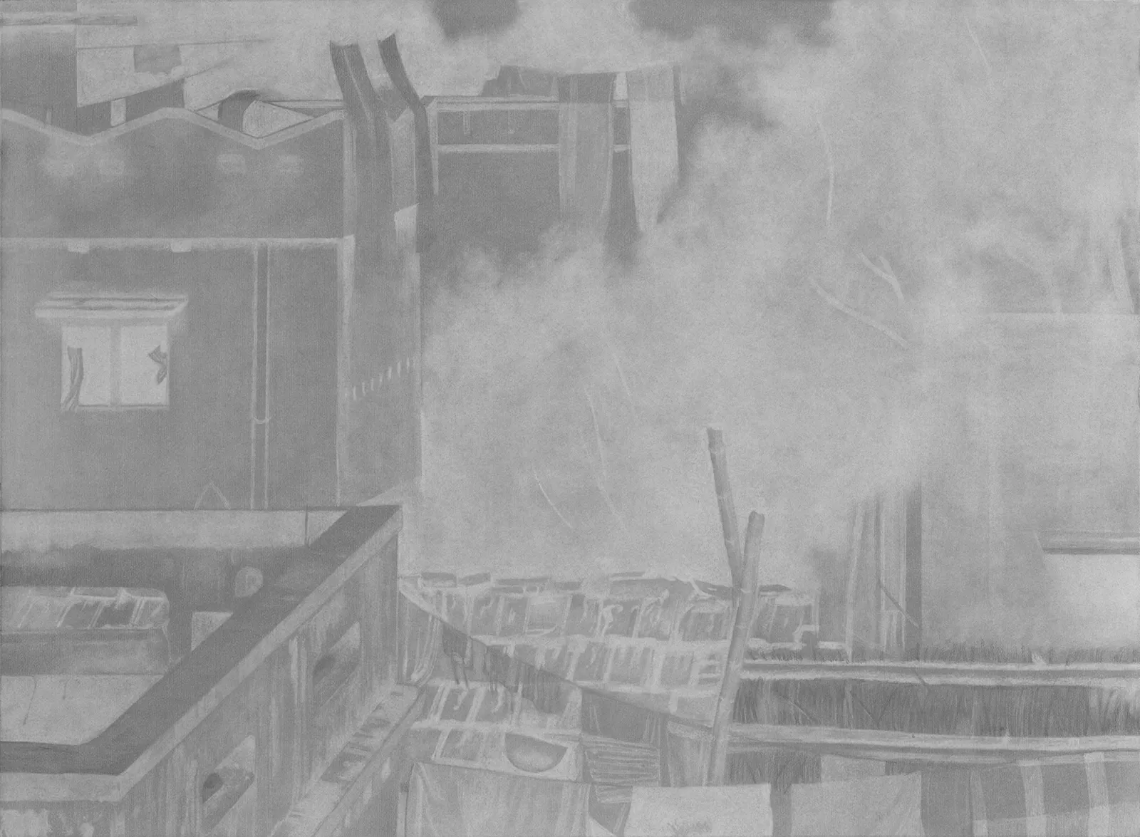 Graphite drawing of rooftops, walls, and domestic structures partially hidden beneath a soft grey veil.