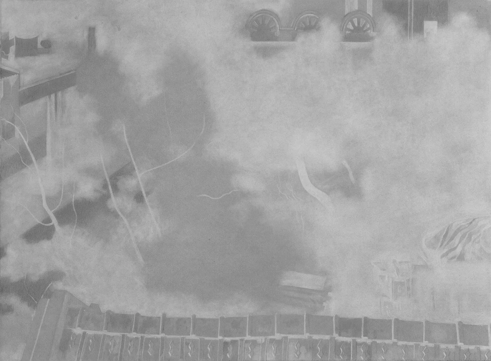 Graphite drawing of a village courtyard or rooftop scene with architectural details veiled by erased graphite.