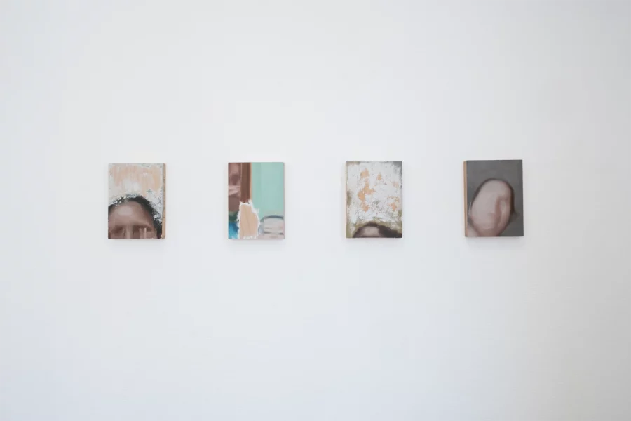 Aniruddha Biswas, Still Connecting, 2026, installation view of small oil paintings on wood made from blurred video-call screenshots and partially erased with acetone.