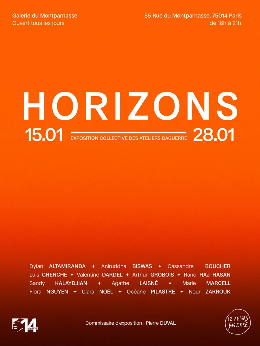 Poster for HORIZONS, a group exhibition of artists from Ateliers Daguerre at Galerie du Montparnasse, Paris, featuring Aniruddha Biswas among the participating artists