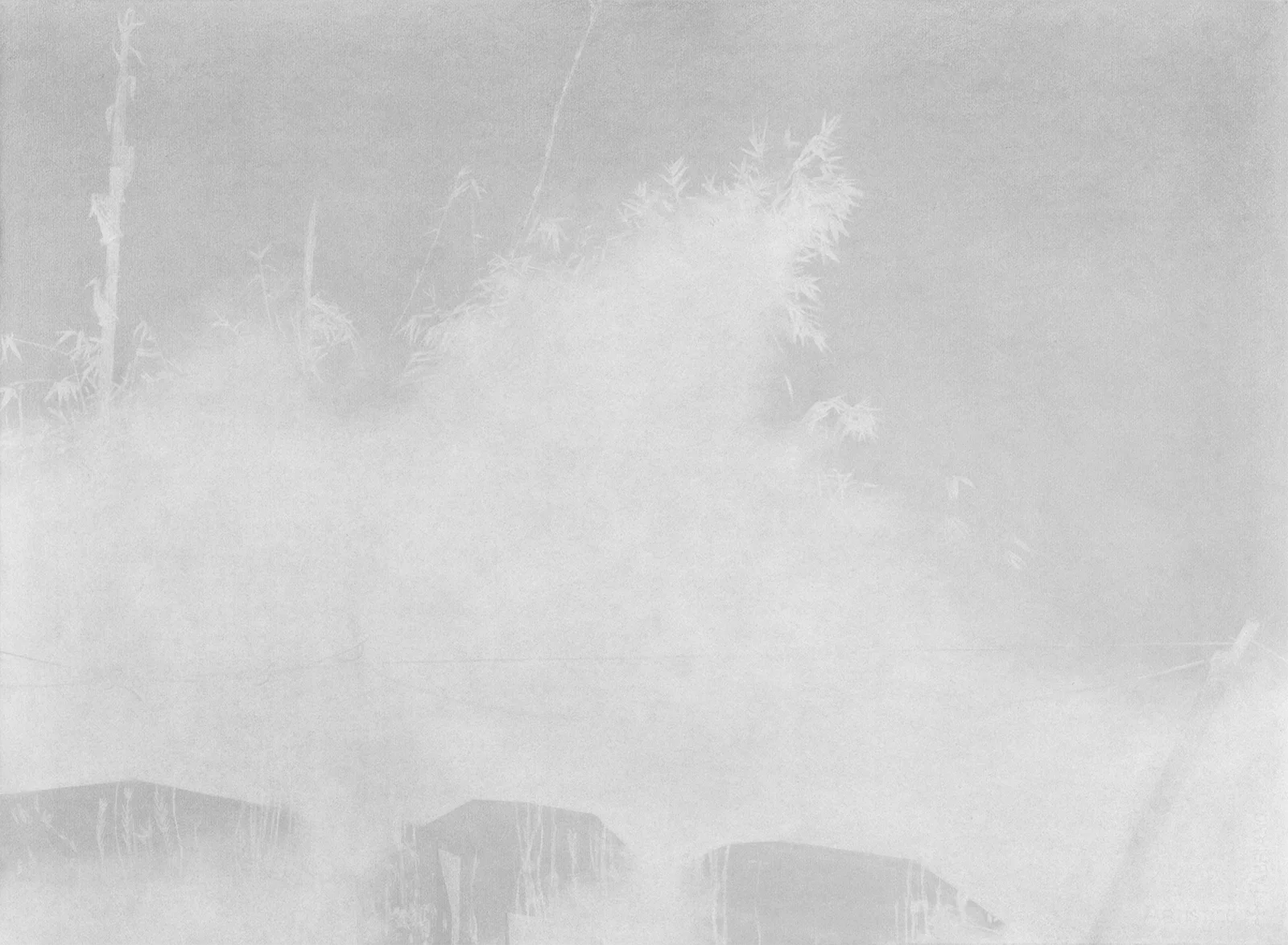 Aniruddha Biswas, Almost There 2, 2025, graphite drawing on paper showing a blurred village landscape with vegetation emerging through erasure.