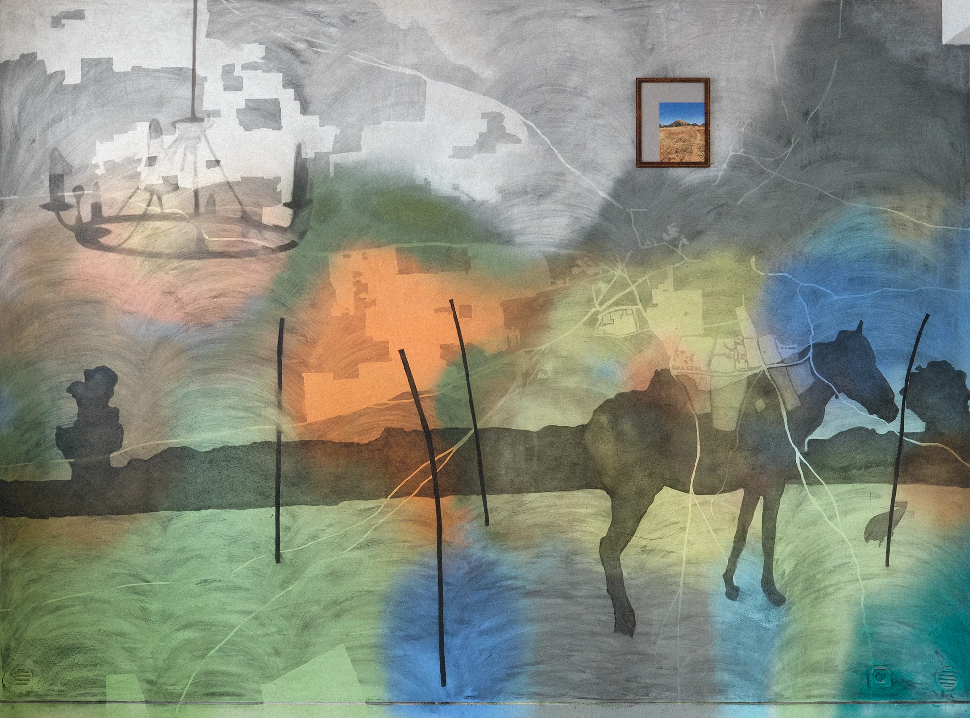 Aniruddha Biswas, Reconnecting…, 2025, frontal view of a large fresco with a horse silhouette, landscape forms, coloured areas, drawn lines and an embedded framed photograph.