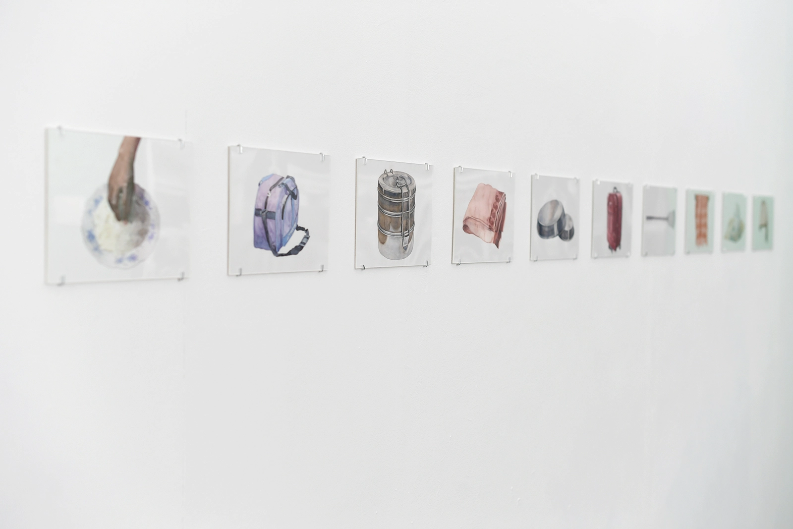 Aniruddha Biswas, Talismans, 2022, series of watercolour drawings on paper showing personal objects brought from India, including textiles, bags, utensils and domestic fragments.